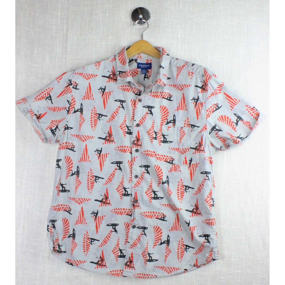 Arizona Jean Co Mens Large Surfer Print Button Down Shirt Short Sleeve Gray Red